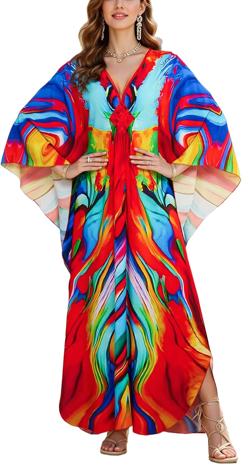 IMAGEKOPE Women's Plus Size Animal Print V-Neck Batwing Kaftan Beach Dress Bathing Suit Cover-Up Loungewear - Image 1
